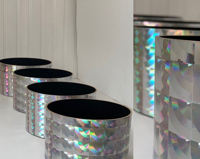 Vintage Deadstock 90s Holographic Planters Set of 4 Stacking Storage Containers NOS Home Decor Bedroom Bathroom Bins Funky Silver Shiny