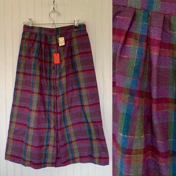 Vintage XS 80s Deadstock Plaid Skirt Purple Pink … - image 1