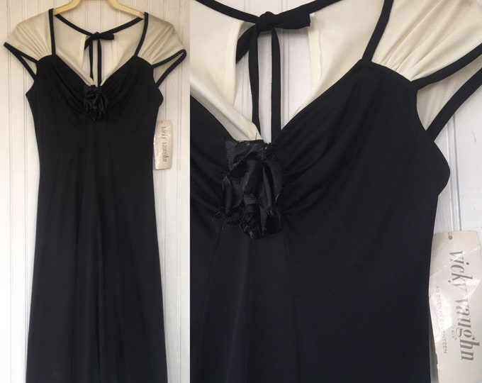 Vintage NWT 80s Black Ivory Prom Party Dress Rose Sheer Shoulders Back Formals XS Small S 0 1 2 Vicky Vaughn Deadstock 1979 Goth Wedding