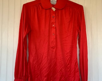 Vintage Nylon Bright Red Disco Blouse Medium Shirt Button Down Top Size Small Stretch Deadstock NWT 70s 80s S XS Ruched Shoulders Peter Pan