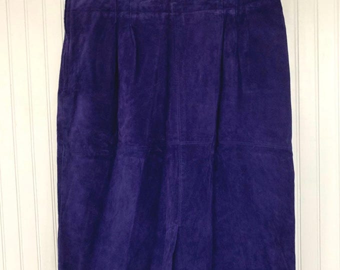 Vintage 90s Purple Suede Skirt Large 16 Evan Davies Leather Knee Length Biker L 34 waist pinup high waist