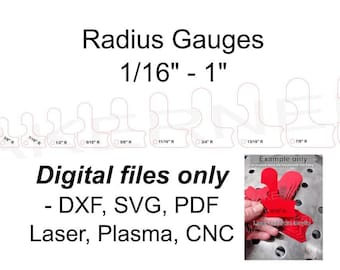 May include: A set of 16 radius gauges, ranging in size from 1/16 inch to 1 inch, for measuring curves and radii. The gauges are made of white plastic and are labeled with their size in inches. The image also includes a close-up of a red example of the gauges being used.
