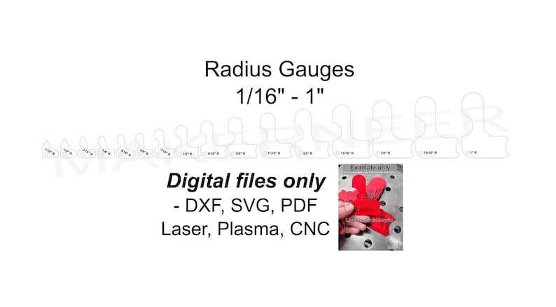 May include: A set of 16 radius gauges, ranging in size from 1/16 inch to 1 inch, for measuring curves and radii. The gauges are made of white plastic and are labeled with their size in inches. The image also includes a close-up of a red example of the gauges being used.