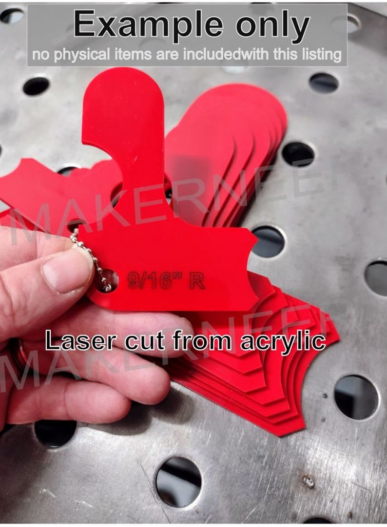 May include: A stack of red acrylic templates with rounded edges. The top template has a hole with a silver chain attached and the text "9/16" R" printed on it. The text "Laser cut from acrylic" is printed below the stack of templates.