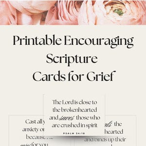 Może przedstawiać: Drukowane karty z zachęcającymi pismami na żałobę. Projekt zawiera tekst "Healing in the Mourning" i "Printable Encouraging Scripture Cards for Grief". Karty zawierają wersety z Psalmów i 1 Listu Piotra.