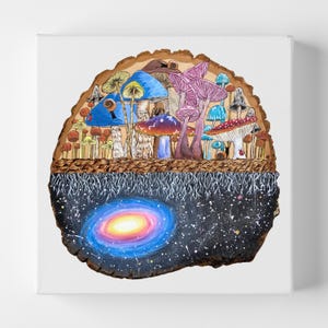 Cosmic Mushroom Canvas Print | Mycelium Network Art | Colorful Universe Canvas Wall Art | Wood Burned Mushrooms Painting | Fungi Lovers Gift