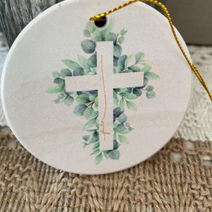 Faith cross, faith ornament, cross, cross ornament, cross ornament favors, cross ornament in the waiting, eucalyptus, ceramic ornament image 2