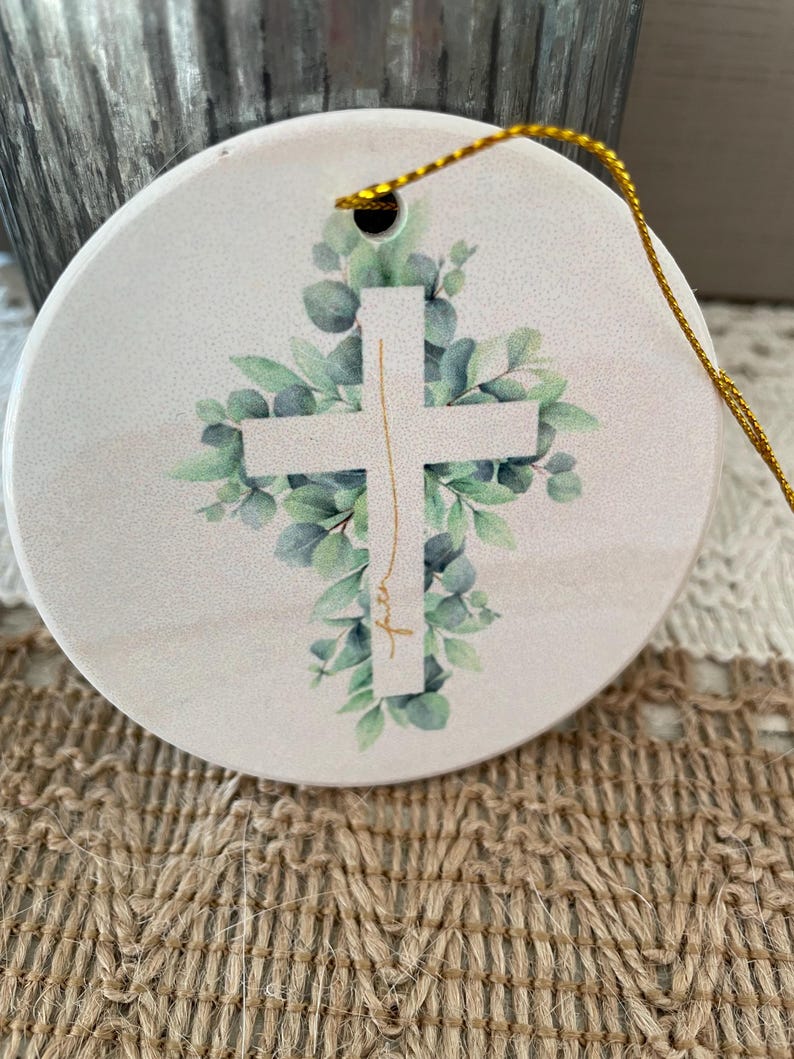 Faith cross, faith ornament, cross, cross ornament, cross ornament favors, cross ornament in the waiting, eucalyptus, ceramic ornament image 2