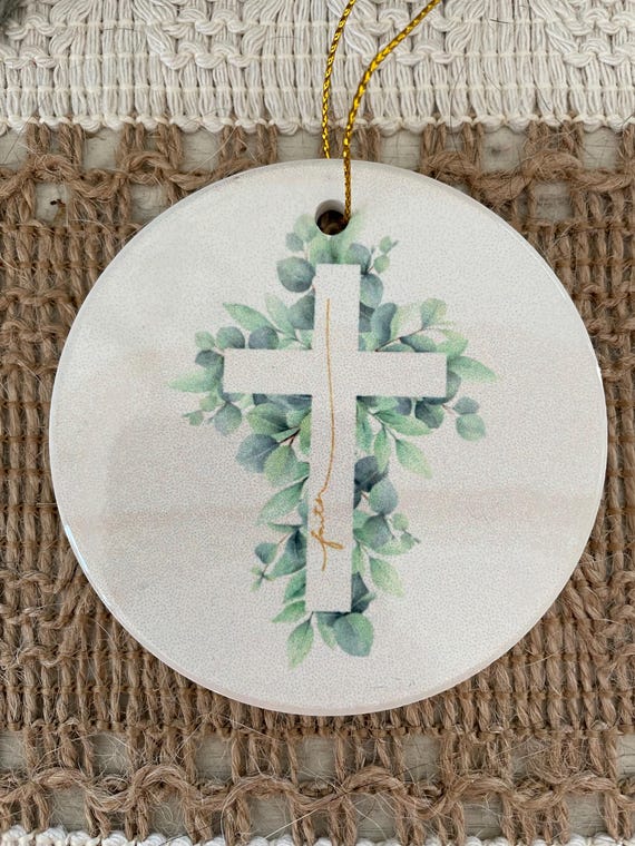 Faith cross, faith ornament, cross, cross ornament, cross ornament favors, cross ornament in the waiting, eucalyptus, ceramic ornament