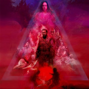 May include: A movie poster for the film "Mandy" starring Nicolas Cage and Andrea Riseborough. The poster features a red and pink colour scheme with a stylised image of Cage holding a weapon. The text "Mandy" is in large, bold letters at the top of the poster.