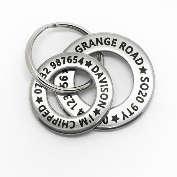 Funky design pet dog ID disc tag. Stainless steel washer style. Engraved Personalised