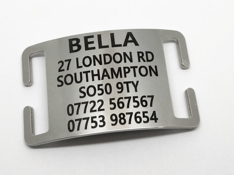 Agility collar tag. Slip on, Stainless steel, laser engraved, curved profile, highest quality, thousands sold, UK