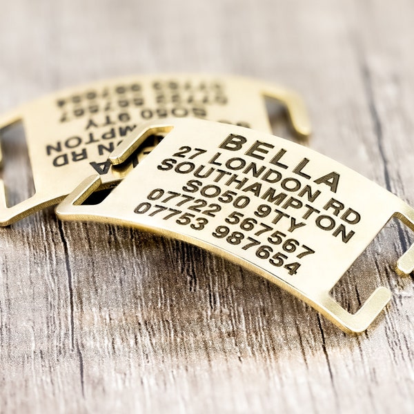 SOLID BRASS Agility and working dog slip on ID collar tag. For collars 15mm - 20mm - 25mm - 30mm. Free Engraving