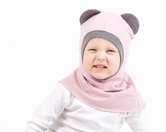 Pink baby bear balaclava for autumn or spring made from organic loop cotton, cute animal hat for kids, infant srping, fall bear hat