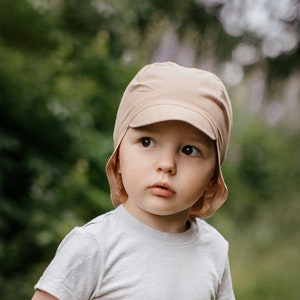 Chapeau de soleil beige pour bébé, chapeau d'été en coton, chapeau pour tout-petit avec protection du cou, chapeau à visière pour enfants, chapeau de soleil avec attaches, chapeau pour garçons, bandana garçon, 5-10T image 1