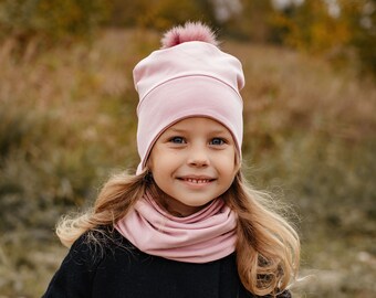 Pink pompom hat for girls and women, double layer sping beanie hat with longer ears area, earflap hat, cute fall slouch hat, baby hat