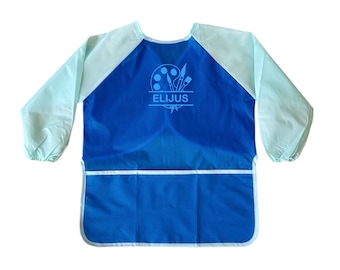 Blouse personnalisée pour enfants avec nom, tablier imperméable bleu pour cours d'art pour enfants, tablier personnalisé avec nom pour tout-petits, taille 3-6 ans