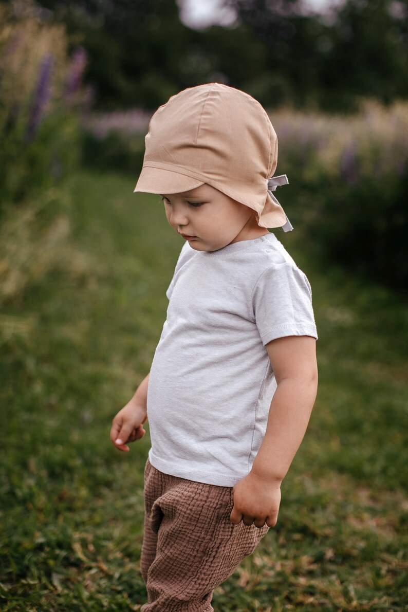 Chapeau de soleil beige pour bébé, chapeau d'été en coton, chapeau pour tout-petit avec protection du cou, chapeau à visière pour enfants, chapeau de soleil avec attaches, chapeau pour garçons, bandana garçon, 5-10T image 3