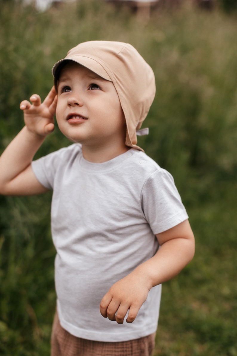 Chapeau de soleil beige pour bébé, chapeau d'été en coton, chapeau pour tout-petit avec protection du cou, chapeau à visière pour enfants, chapeau de soleil avec attaches, chapeau pour garçons, bandana garçon, 5-10T image 2