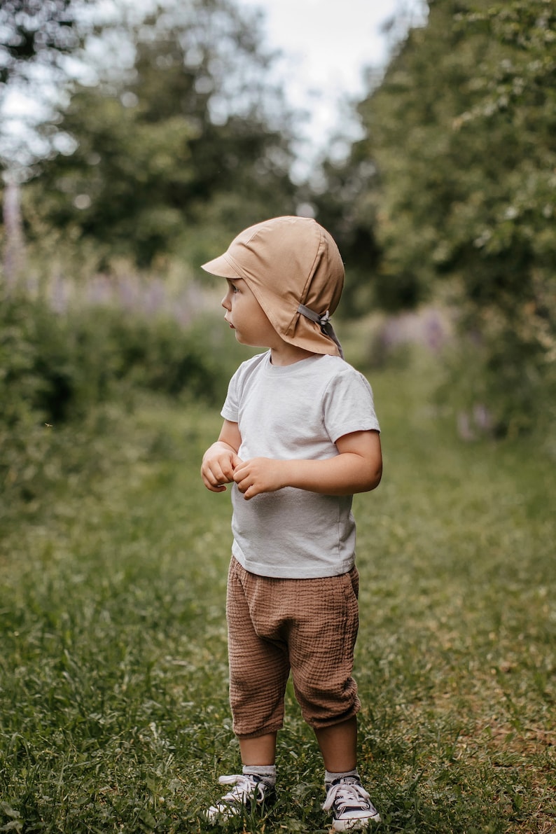 Chapeau de soleil beige pour bébé, chapeau d'été en coton, chapeau pour tout-petit avec protection du cou, chapeau à visière pour enfants, chapeau de soleil avec attaches, chapeau pour garçons, bandana garçon, 5-10T image 6