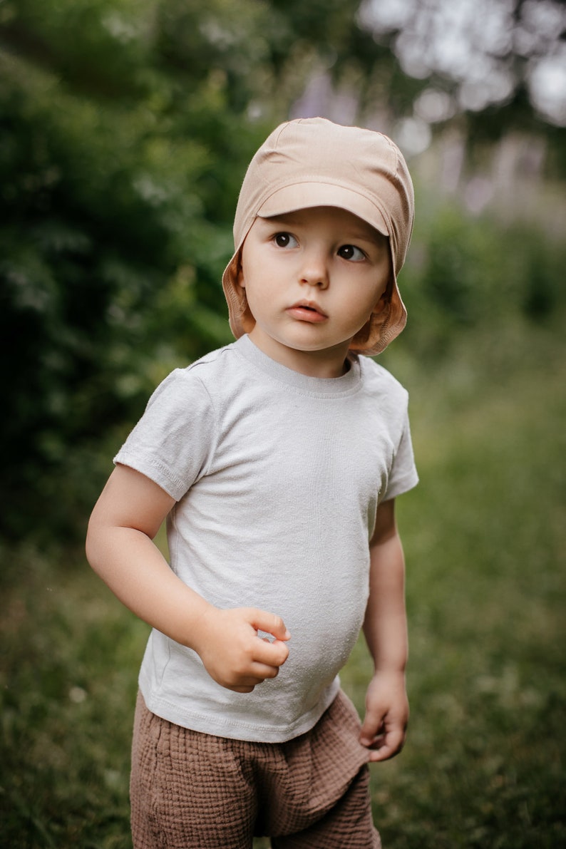 Chapeau de soleil beige pour bébé, chapeau d'été en coton, chapeau pour tout-petit avec protection du cou, chapeau à visière pour enfants, chapeau de soleil avec attaches, chapeau pour garçons, bandana garçon, 5-10T image 1