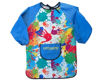 Tablier de peinture personnalisé à manches longues pour enfants, blouse d'art imperméable avec nom personnalisé, cadeau d'école mignon pour enfants