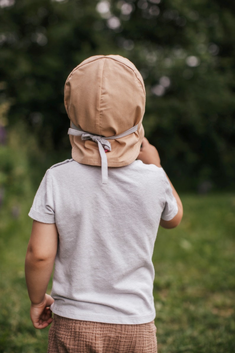 Chapeau de soleil beige pour bébé, chapeau d'été en coton, chapeau pour tout-petit avec protection du cou, chapeau à visière pour enfants, chapeau de soleil avec attaches, chapeau pour garçons, bandana garçon, 5-10T image 4