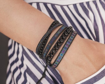 Rainbow obsidian bracelet, Leather wrap bracelet, Adjustable bracelet