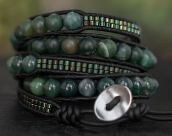 Moss agate bracelet, Leather wrap bracelet, Adjustable bracelet
