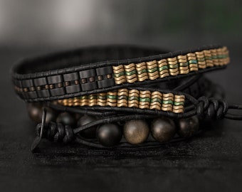 Obsidian bracelet, Leather wrap bracelet, Hematite bracelet