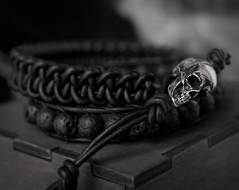 Lava stone bracelet, Skull bracelet, Leather wrap bracelet, Braided bracelet