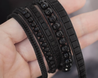 Black onyx bracelet, Leather wrap bracelet, Adjustable bracelet
