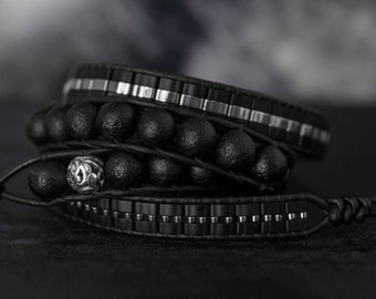 Black agate bracelet, Leather wrap bracelet, Adjustable bracelet