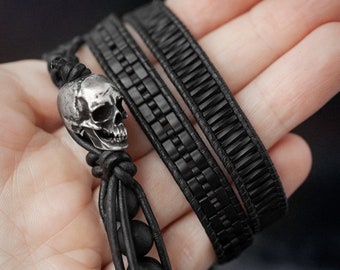 Black agate bracelet, Skull leather wrap bracelet