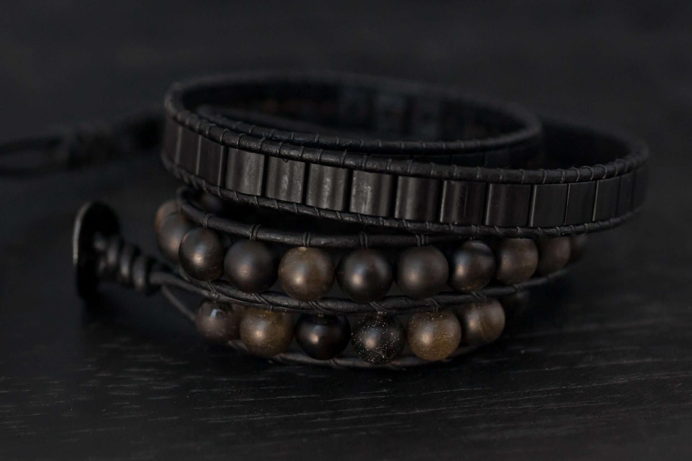 Obsidian Bracelet Leather Wrap Bracelet for Men | Etsy