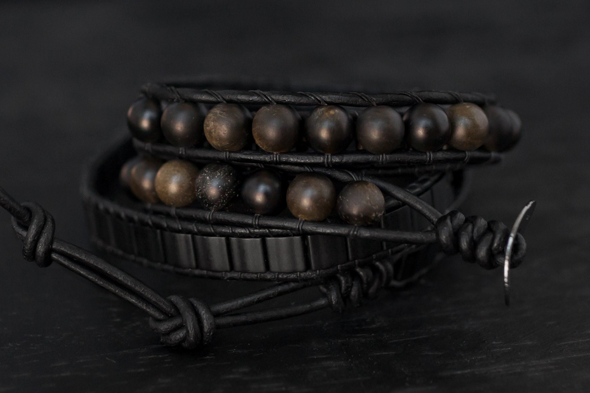 Obsidian Bracelet Leather Wrap Bracelet for Men | Etsy