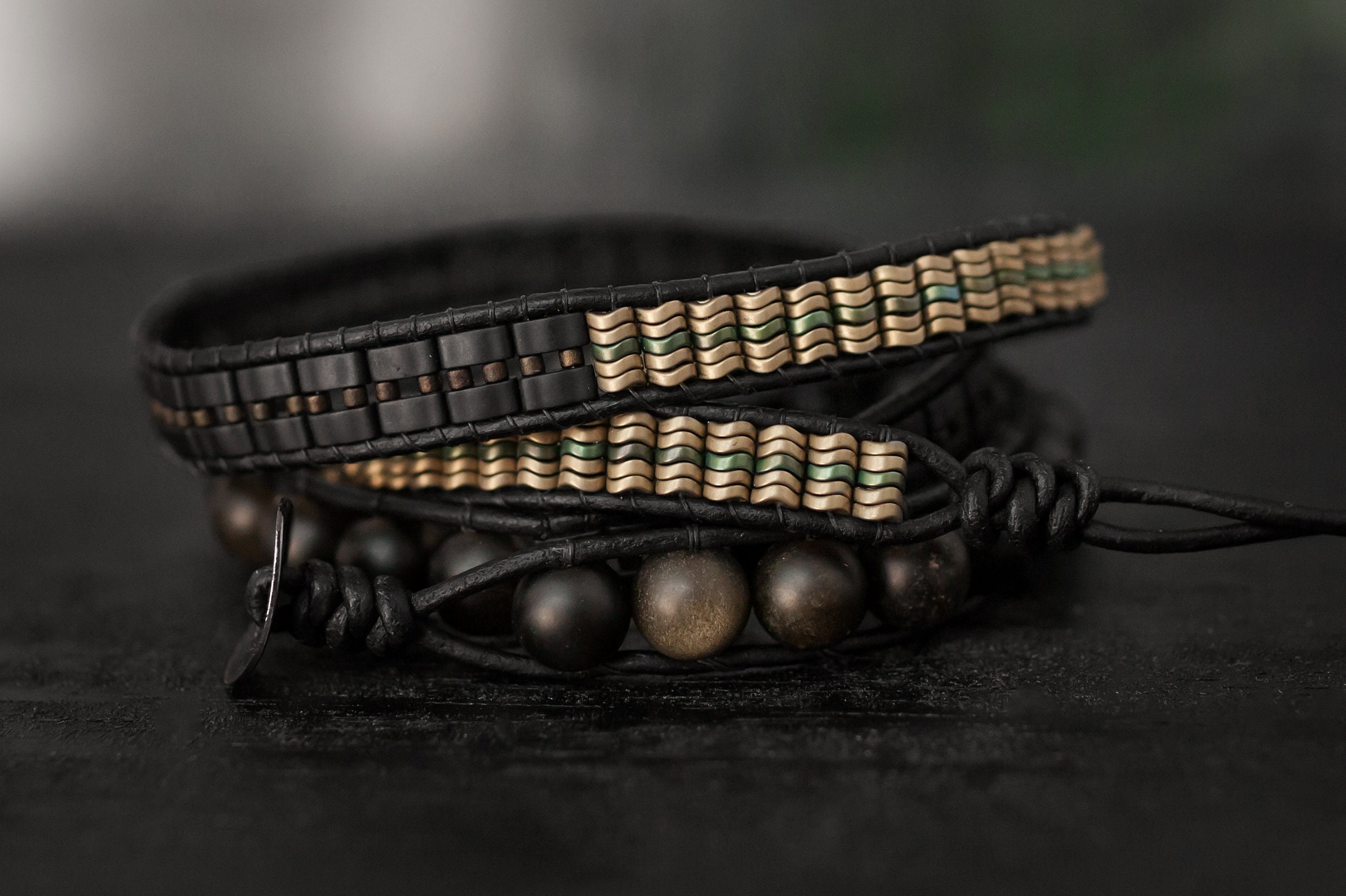 Obsidian bracelet Leather wrap bracelet for men Heishi | Etsy