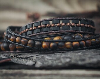 Tiger eye bracelet, Leather wrap bracelet, Hematite bracelet