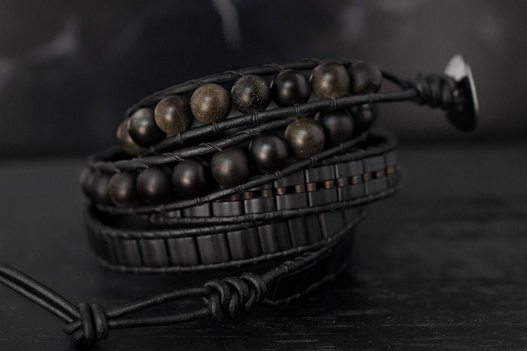 Obsidian Bracelet Leather Wrap Bracelet Adjustable Bracelet - Etsy