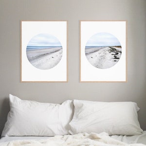 Set Of 2 Blue And White Bathroom Wall Decor, Minimalist Blue Ocean Poster Print Set, Calming Coastal Bathroom Gallery Wall Set Of Two, image 1