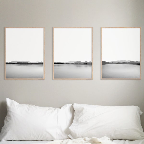 Minimalist Set Of 3 Gallery Wall Bedroom Wall Art, Peaceful Simple Bedroom Decor, Black And White Landscape Photography Print Set Of Three