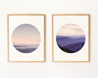 Nature Inspired Mountain Poster Set Of 2 Prints, Purple And Blush Pink Sunset Landscape Gallery Wall Art Set, Peaceful Nature Photography