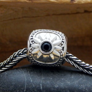 big hole bead silver bracelet bead European charm black onyx oxidized 925 Sterling silver charm &#39;Hens and Chicks Flower&#39; birthday gift