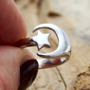star & moon ring adjustable ring crescent star sterling silver birthday gift for best friend celestial jewelry