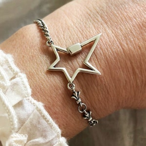 Sterling Silver Star Carabiner Bracelet: Adjustable Curb Chain