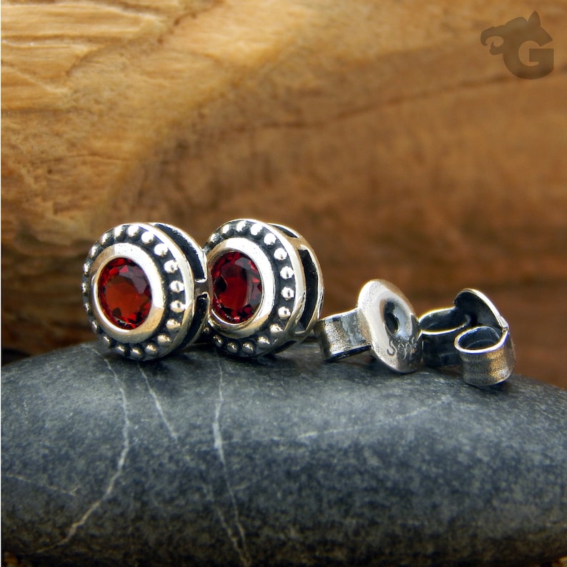 Natural Mozambique Red Garnet gemstones silver stud earrings set in oxidized 925 sterling silver Mom Gift