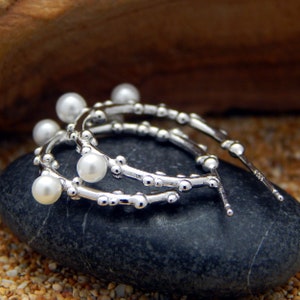 dotty hoops sterling silver triple white pearls natural freshwater round earrings bridal statement jewelry 925