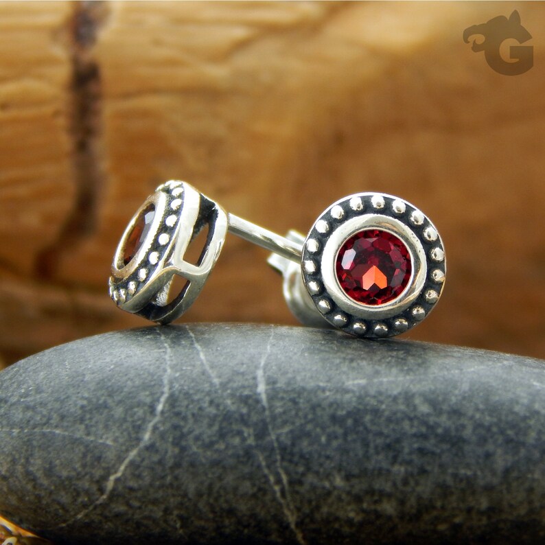 Natural Mozambique Red Garnet gemstones silver stud earrings set in oxidized 925 sterling silver Mom Gift