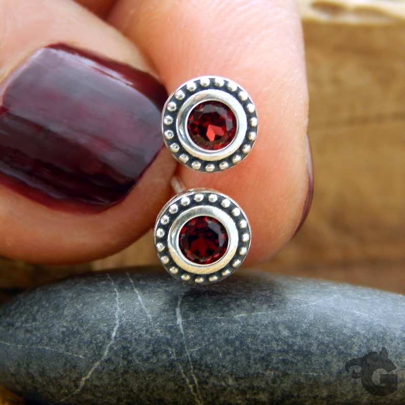 Natural Mozambique Red Garnet gemstones silver stud earrings set in oxidized 925 sterling silver Mom Gift