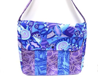 Blue and Purple Fabric Purse,Shoulder Bag, Large Handbag, Laptop Bag, Womens Tote, Pockets, Boho Style,Abstract Design, Cloth Tote